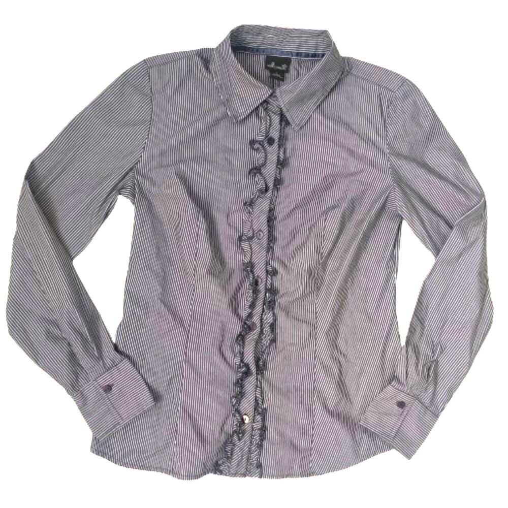 Willi Smith Women’s Small Blue White Pinstripe Button Down Blouse Ruffle Front